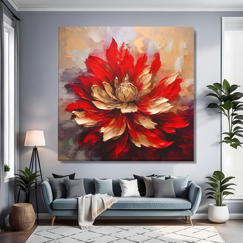 Tablou canvas cu pictura cu o floare rosie si aurie in relief, fara rama, pe sasiu de lemn, pe perete intr-un living